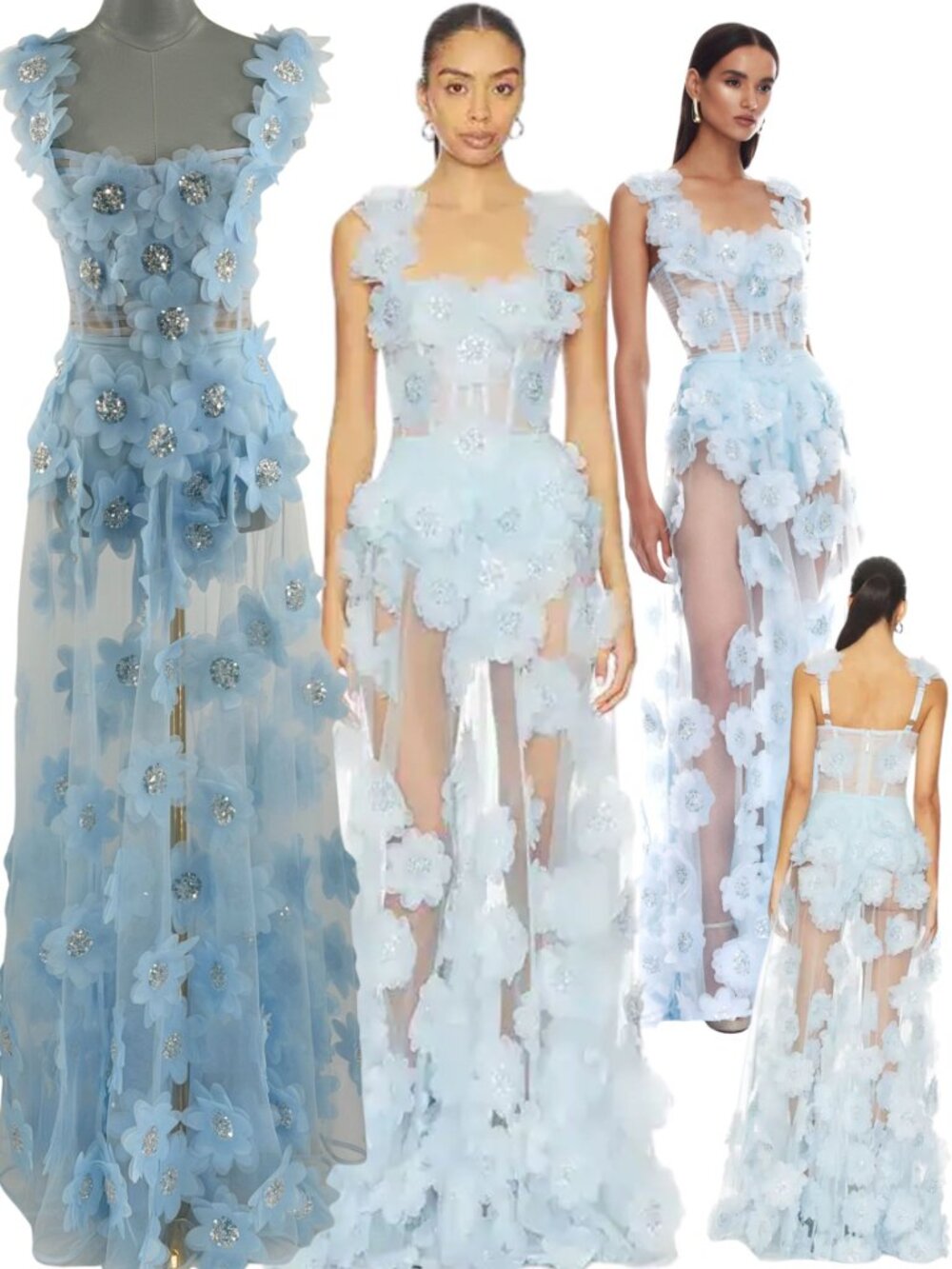 🆕 BRONX & BANCO 🧿 NWOT Rosalie Floral-Appliqué Tulle Gown, Powder Blue SzS US4